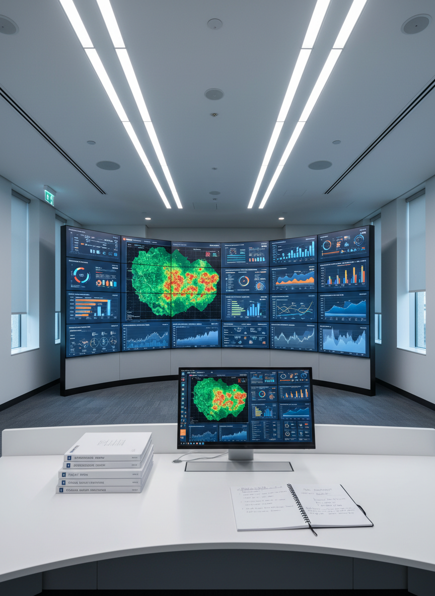 A bright, contemporary public health command center with a curved wall of large, high-resolution digital displays showing real-time health indicators, heat maps of infection clusters, and clear, color-coded trend lines. In the foreground, a clean white workstation holds a slim monitor, a stack of neatly labeled research reports, and a structured notebook opened to strategic action plans. Cool, even LED ceiling lighting combines with faint daylight from side windows, creating a balanced, low-glare environment. Photographic realism, captured from a slightly elevated angle to emphasize the scale of the data wall. The atmosphere is calm, controlled, and analytical, conveying confidence in the use of innovation and evidence to guide public health interventions.