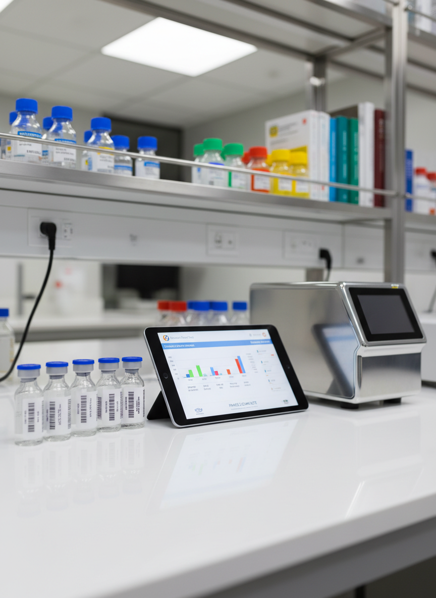A close-up of a polished white lab bench in a translational research facility, carefully organized with transparent sample vials labeled with precise barcodes, a digital tablet showing a simplified clinical trial dashboard, and a compact benchtop analyzer with subtle metallic accents. Behind them, blurred shelving holds neatly aligned, color-coded reagent bottles. Soft, diffused overhead lighting creates gentle reflections on the glass and metal surfaces, avoiding harsh shadows. Photographic realism with a shallow depth of field that keeps the bench items in sharp focus, while the laboratory environment softly recedes. The mood is precise, trustworthy, and professional, highlighting the rigorous scientific foundation behind innovative public health solutions.