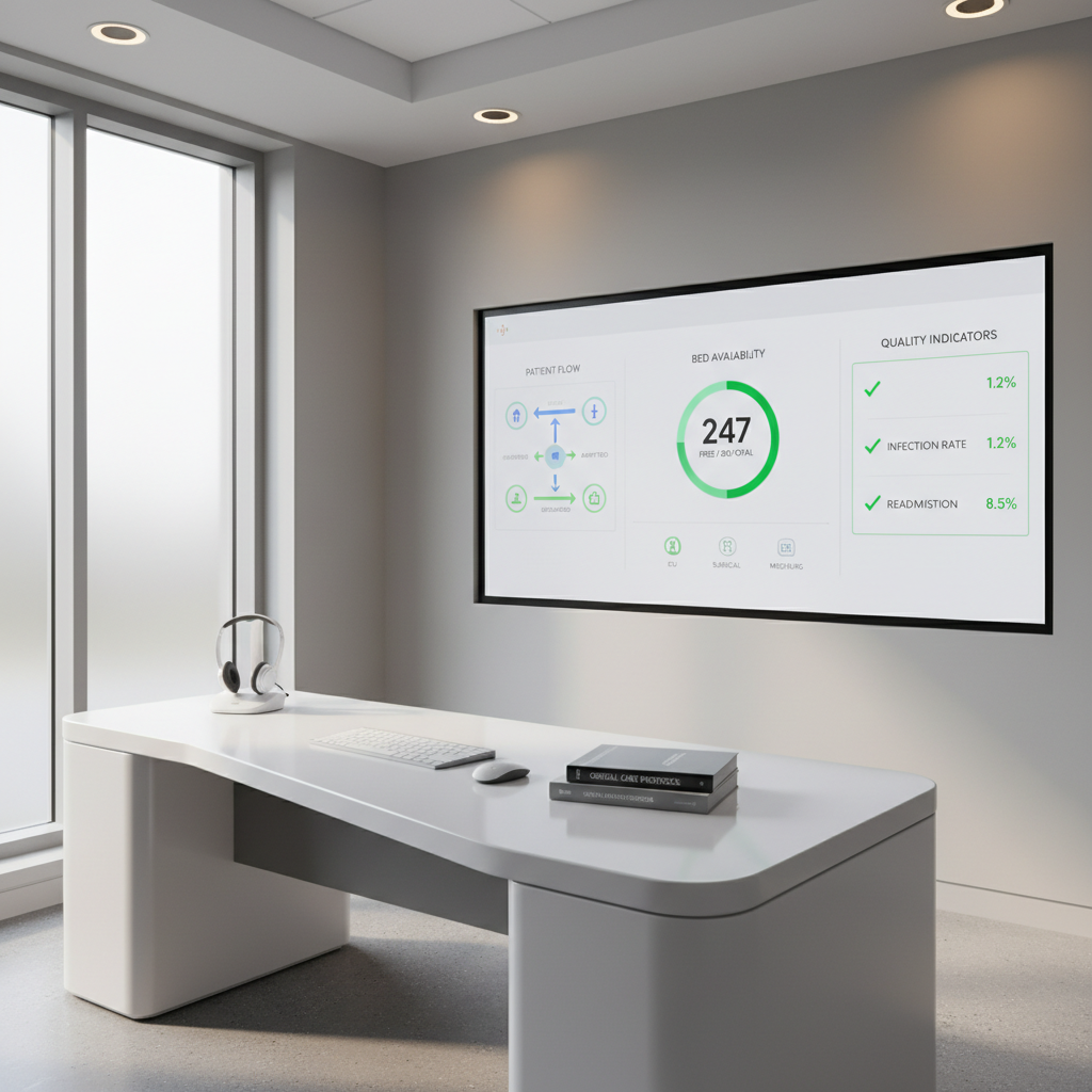 A modern hospital operations hub with a wall-mounted touch screen displaying a clean, icon-based interface for monitoring patient flow, bed availability, and key quality indicators. In front, a curved white workstation integrates a keyboard, wireless headset, and a small stack of clinical guidelines neatly clipped together. Natural daylight filters in from a side window, softened by frosted glass, while discreet ceiling lights add subtle highlights to the workstation’s smooth surfaces. Photographic realism, composed with the screen on the right third and the workstation on the left, using moderate depth of field for clear readability. The atmosphere is organized, efficient, and optimistic, emphasizing how digital innovation can streamline health systems while maintaining a calm, human-centered environment without showing people.